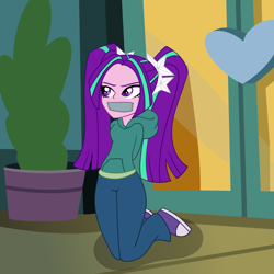 Size: 2000x2000 | Tagged: safe, artist:nie-martw-sie-o-mnie, derpibooru import, part of a set, aria blaze, human, equestria girls, g4, clothes, denim, female, gag, hands behind back, hoodie, jeans, kneeling, pants, pigtails, solo, tape, tape gag, twintails