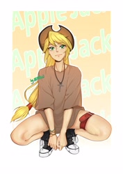 Size: 2894x4093 | Tagged: safe, artist:lingyaoqiuyuegaona, derpibooru import, applejack, human, g4, commando, eye clipping through hair, eyebrows, eyebrows visible through hair, human coloration, humanized, jewelry, looking at you, necklace, signature