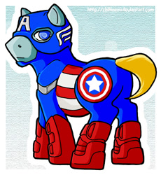 Size: 551x600 | Tagged: dead source, safe, artist:clueless-nu, derpibooru import, earth pony, pony, boots, captain america, clothes, costume, male, marvel, ponified, shoes, signature, solo, species swap, stallion, tail