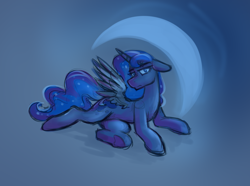 Size: 1962x1462 | Tagged: safe, artist:anon_1515, derpibooru import, princess luna, alicorn, pony, crescent moon, ears, eyebrows, female, floppy ears, gradient background, looking at you, lying down, monochrome, moon, sketch, solo, spread wings, underhoof, wings