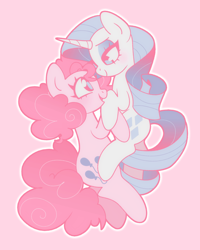 Size: 1200x1500 | Tagged: safe, artist:vivian reed, derpibooru import, pinkie pie, rarity, earth pony, pony, unicorn, g4, cuddling, cute, diapinkes, female, horn, lesbian, lidded eyes, looking at each other, looking at someone, mare, open mouth, open smile, pastel, pink background, raribetes, raripie, shipping, simple background, smiling, smiling at each other