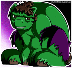 Size: 600x562 | Tagged: safe, artist:clueless-nu, derpibooru import, earth pony, pony, 2012, big pony, clothes, male, marvel, ponified, shorts, signature, sitting, solo, species swap, stallion, tail, the incredible hulk, torn clothes, unshorn fetlocks