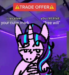 Size: 1888x2048 | Tagged: safe, artist:dilettantedoodle, derpibooru import, starlight glimmer, pony, unicorn, g4, cutie mark theft, eyebrows, female, fingers interlocked, horn, looking at you, mare, meme, pixel-crisp art, ponified, ponified meme, raised eyebrow, s5 starlight, smiling, smiling at you, solo, suddenly hands, trade offer