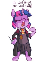 Size: 588x828 | Tagged: safe, artist:zonkpunch, derpibooru import, twilight sparkle, pony, semi-anthro, g4, bipedal, clothes, eyes closed, female, harry potter (series), hermione granger, hoof hold, magic, magic wand, open mouth, simple background, solo, white background, wingardium leviosa