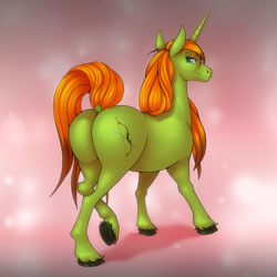 Size: 3000x3000 | Tagged: safe, alternate version, artist:st. oni, derpibooru import, oc, oc only, oc:arc pyre, pony, unicorn, abstract background, butt, dock, horn, looking at you, looking back, male, presenting, raised hoof, raised leg, shadow, smiling, solo, stallion, tail, underhoof, unshorn fetlocks