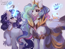 Size: 4000x3000 | Tagged: safe, artist:sweettsa1t, derpibooru import, princess celestia, rarity, alicorn, pony, unicorn, g4, choker, clothes, dress, duo, duo female, female, fetlock tuft, high res, horn, levitation, magic, mare, smiling, telekinesis