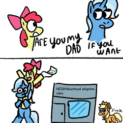 Size: 680x680 | Tagged: safe, artist:zoeyhorse, derpibooru import, apple bloom, applejack, trixie, earth pony, pony, unicorn, g4, 2 panel comic, adoption, bipedal, comic, dialogue, eyes closed, female, filly, foal, funny, hoof hold, horn, mare, missing cutie mark, open mouth, open smile, shoulder ride, simple background, smiling, trio, trio female, vulgar, white background