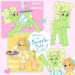 Size: 2048x2048 | Tagged: safe, artist:aztrial, derpibooru import, blue october, blueberry muffin, oc, oc only, oc:citrus squeeze, oc:sunset rivers, earth pony, pony, afro puffs, bowtie, brown eyes, colored hooves, double chin, dreadlocks, drink, duo, duo female, earth pony oc, eyes closed, female, food, grin, hair beads, heart, hooves, mare, milkshake, muffin, name tag, necktie, one eye closed, pancakes, passepartout, pink background, pink eyes, platter, simple background, smiling, unshorn fetlocks, waitress, wink