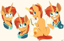 Size: 3640x2330 | Tagged: safe, artist:arcane-thunder, derpibooru import, sunburst, pony, unicorn, blushing, book, cloak, clothes, horn, looking back, looking sideways, magic, male, sitting, smiling, solo, stallion, sunburst's cloak, telekinesis