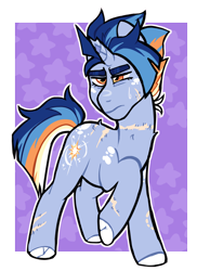 Size: 2896x3725 | Tagged: safe, artist:iesbeans, derpibooru import, oc, oc only, oc:starburst, pony, unicorn, g4, artfight, back fluff, blue coat, body fluff, body scar, broken horn, coat markings, colored eyebrows, colored hooves, cracked hooves, eyelashes, facial markings, facial scar, frown, gift art, hooves, horn, leg markings, leg scar, mohawk, multicolored mane, multicolored tail, narrowed eyes, neck scar, nonbinary, nonbinary oc, offspring, orange eyes, parent:flash sentry, parent:twilight sparkle, parents:flashlight, passepartout, raised hoof, raised leg, scar, solo, standing on three hooves, tail, thick eyebrows, unicorn oc, white hooves