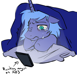 Size: 1000x1000 | Tagged: safe, artist:0liiver, derpibooru import, princess luna, alicorn, pony, blanket, crying, doodle, phone, pillow, sketch, solo