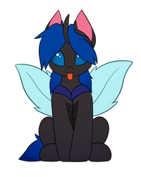 Size: 2048x2560 | Tagged: safe, artist:keupoz, derpibooru import, oc, oc only, oc:swift dawn, changeling, blue changeling, blue eyes, changeling oc, commission, cute, cuteling, eye clipping through hair, high res, horn, insect wings, looking at you, male, ocbetes, signature, simple background, sitting, smiling, smiling at you, solo, tongue, tongue out, transparent background, wings