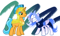 Size: 3048x1848 | Tagged: safe, artist:solarflare6041, derpibooru import, oc, oc only, oc:solar eclipse, oc:sunrise tide, pegasus, unicorn, abstract background, angry, cloak, clothes, duo, duo male and female, female, gradient mane, horn, male, mare, mask, pegasus oc, royal guard, siblings, stallion, unicorn oc