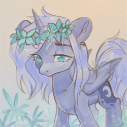 Size: 1023x1022 | Tagged: safe, artist:krista-21, derpibooru import, princess luna, alicorn, pony, abstract background, cute, female, floral head wreath, flower, folded wings, horn, lidded eyes, looking at you, lunabetes, messy mane, no mouth, pastel, s1 luna, solo, spread wings, wings