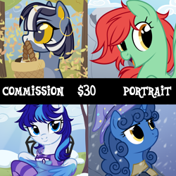 Size: 3000x3000 | Tagged: safe, artist:nika-rain, derpibooru import, oc, pony, advertisement, basket, bust, clothes, commission, commission info, leaves, mushroom, portrait, rain, scarf, snow, striped scarf, vector, wing hold, wings