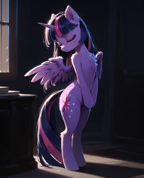 Size: 1104x1360 | Tagged: safe, ai content, derpibooru import, generator:pony diffusion v6 xl, generator:stable diffusion, machine learning generated, twilight sparkle, alicorn, semi-anthro, g4, backlighting, belly, belly button, bipedal, chest fluff, collarbone, dark background, ear fluff, ears, eyes closed, female, fluffy, frown, head tilt, horn, human shoulders, humanoid torso, mare, prompter:ramprover, shoulder fluff, solo, spread wings, wings