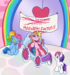 Size: 1892x2014 | Tagged: safe, artist:serasugee, derpibooru import, rainbow dash (g3), rarity (g3), sweetie belle (g3), earth pony, pony, unicorn, fanfic:rainbow factory, g3, g3.5, background, blue eyes, blue fur, crystal rainbow castle, fanfic art, female, filly, foal, green eyes, horn, multicolored hair, ponytail, purple hair, rainbow hair, simple shading, white fur