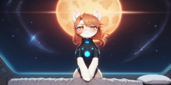 Size: 2400x1200 | Tagged: safe, ai content, derpibooru import, machine learning generated, oc, oc only, oc:victoria orlova, earth pony, pony, bed, blushing, female, freckles, future, golden eyes, looking at you, mare, orange hair, pillow, planet, prompter:greesys, solo, space, spacesuit, white body