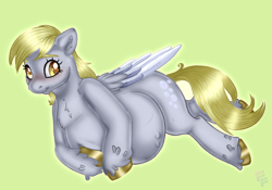 Size: 3000x2102 | Tagged: safe, artist:ponykittenboi, derpibooru import, derpy hooves, pegasus, pony, belly, big belly, female, folded wings, lying down, mare, pregnant, signature, simple background, solo, unshorn fetlocks, watermark, wings