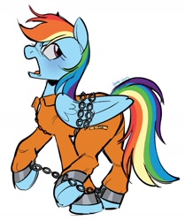 Size: 1170x1401 | Tagged: safe, artist:primarythief, derpibooru import, rainbow dash, pony, angry, bound wings, chained, chains, commissioner:rainbowdash69, never doubt rainbowdash69's involvement, open mouth, prisoner, prisoner rd, shackles, simple background, solo, white background, wings