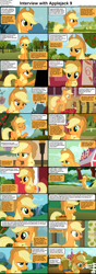 Size: 1282x3661 | Tagged: safe, artist:agrol, derpibooru import, edit, edited screencap, screencap, applejack, winona, dog, earth pony, pony, comic:celestia's servant interview, applebuck season, fall weather friends, g4, season 1, season 2, the last roundup, the super speedy cider squeezy 6000, accent, apple, apple tree, applejack's hat, barrel, bipedal, bucket, caption, cider, cider mug, clothes, comic, cowboy hat, cs captions, cute, doctor who, female, fence, food, happy, hat, image macro, implied apple bloom, implied big macintosh, implied rarity, implied rarity fighting a giant crab, implied rockhoof, implied sugar belle, interview, jackabetes, looking at you, mare, most sweet apple, mug, ponyville, screencap comic, smiling, smiling at you, sweet apple acres, text, toasting, tree, winonabetes