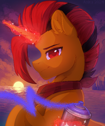 Size: 3000x3600 | Tagged: safe, artist:anku, derpibooru import, oc, oc only, oc:selest light, pony, unicorn, brown coat, cheek fluff, chest fluff, city, colored pupils, commission, detailed background, digital art, ear fluff, ears, glowing, glowing horn, halfbody, horn, magic, mohawk, narrowed eyes, neckerchief, pixel art, profile, raised hoof, raised leg, red eyes, red magic, red pupils, solo, sparkles, spray can, striped mane, sunset, two toned mane, unicorn oc, water