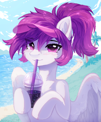 Size: 3269x3934 | Tagged: safe, artist:anku, derpibooru import, oc, oc only, pegasus, pony, drink, drinking, drinking straw, human shoulders, pegasus oc, solo, white pony, wings