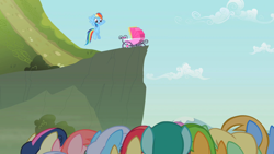 Size: 1280x720 | Tagged: safe, derpibooru import, screencap, apple bumpkin, apple honey, bon bon, linky, perfect pie, rainbow dash, shoeshine, spring melody, sprinkle medley, sweetie drops, pony, g4, season 2, the mysterious mare do well, apple family member, baby carriage, buttercream, magdalena