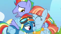 Size: 1280x720 | Tagged: safe, derpibooru import, edit, edited screencap, screencap, bow hothoof, rainbow dash, windy whistles, pegasus, pony, g4, parental glideance, ^^, bowabetes, clothes, cute, daaaaaaaaaaaw, dashabetes, eyes closed, family, father and child, father and daughter, female, freckles, goggles, heartwarming, hug, jacket, looking at each other, looking at someone, male, mare, mother and child, mother and daughter, open mouth, open smile, parent and child, smiling, smiling at each other, stallion, standing, sweet dreams fuel, trio, uniform, wholesome, windybetes, wonderbolts uniform