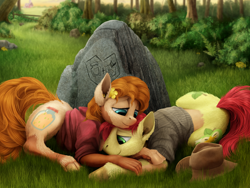 Size: 2000x1500 | Tagged: safe, artist:geoffrey mcdermott, derpibooru import, bright mac, pear butter, earth pony, pony, g4, brightbutter, clothes, duo, duo male and female, ear piercing, earring, female, forest, grass, hand, hat, hooves, human to pony, jewelry, lidded eyes, light skin, looking at each other, looking at someone, looking down, lying down, male, mare, mid-transformation, nature, outdoors, piercing, prone, rock, shipping, shirt, smiling, smiling at each other, species swap, stallion, straight, transformation, tree