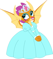 Size: 1024x1137 | Tagged: safe, artist:rarity525, derpibooru import, smolder, dragon, blushing, clothes, cute, dress, female, gown, grin, jewelry, lipstick, makeup, poofy shoulders, princess smolder, smiling, smolderbetes, solo, tiara, vector