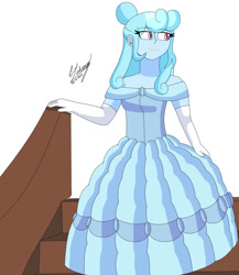 Size: 1280x1475 | Tagged: safe, artist:denisseguadiana, derpibooru import, oc, oc only, oc:jemimasparkle, human, equestria girls, g4, beauty and the beast, belle, clothes, cute, dress, ear piercing, earring, evening gloves, female, gloves, gown, jewelry, long gloves, ocbetes, piercing, simple background, smiling, solo, stairs, white background