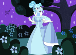 Size: 1280x928 | Tagged: safe, artist:denisseguadiana, derpibooru import, oc, oc only, oc:jemimasparkle, human, equestria girls, g4, breasts, cinderella, clothes, curtsey, cute, dress, evening gloves, female, flower, garden, gloves, gown, long gloves, night, ocbetes, open mouth, open smile, smiling, solo