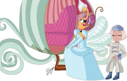 Size: 1280x819 | Tagged: safe, artist:denisseguadiana, derpibooru import, scootaloo, breezie, human, equestria girls, g4, alternate hairstyle, amazed, breeziefied, carriage, choker, cinderella, clothes, dress, evening gloves, eyes closed, fairy, female, footman, gloves, gown, hada, hair bun, hairband, jewelry, long gloves, male, poofy shoulders, ring, scootaloo also dresses in style, simple background, smiling, species swap, surprised, white background