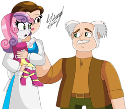 Size: 1280x1104 | Tagged: safe, artist:denisseguadiana, derpibooru import, sweetie belle, human, equestria girls, g4, adopted, adopted daughter, adopted offspring, apron, beauty and the beast, belle, boots, carrying, clothes, crossover, cute, diasweetes, disney, dress, father and child, father and daughter, female, georgian, grandfather and grandchild, hug, if only, jacket, lipstick, looking at each other, looking at someone, male, maurice, mother and child, mother and daughter, open mouth, parent and child, shirt, shoes, simple background, smiling, smiling at each other, sweetieadoption, trio, white background