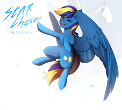 Size: 2400x2160 | Tagged: safe, derpibooru import, oc, oc only, oc:star chaser, pegasus, belly, blue eyes, blue pegasus, blue skin, commission, dark blue mane, large wings, open mouth, pegasus oc, pegasus wings, simple background, smiling, solo, white background, wings, yellow mane