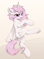 Size: 1200x1600 | Tagged: safe, artist:門久, derpibooru import, fleur-de-lis, pony, unicorn, g4, butt, concave belly, dock, ear fluff, ears, featureless crotch, female, horn, mare, plot, seductive pose, solo, tail, underhoof