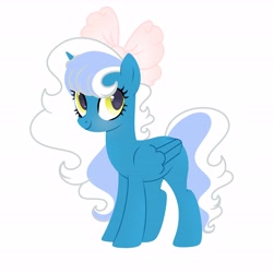 Size: 6890x6890 | Tagged: safe, artist:riofluttershy, derpibooru import, oc, oc only, oc:fleurbelle, alicorn, pony, alicorn oc, blushing, bow, female, golden eyes, hair bow, horn, mare, simple background, smiling, solo, tail, two toned mane, two toned tail, white background, wings