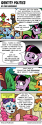 Size: 1178x3519 | Tagged: safe, artist:pony-berserker, derpibooru import, applejack, carrot cake, pinkie pie, rainbow dash, rarity, twilight sparkle, twilight sparkle (alicorn), oc, oc:berzie, oc:shadowed ember, alicorn, comic, crime, implied changeling, pamphlet, paper-thin disguise, speech bubble, statistics, thought bubble