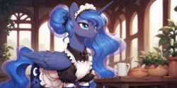 Size: 2400x1200 | Tagged: safe, ai content, derpibooru import, machine learning generated, princess luna, alicorn, pony, alternate hairstyle, clothes, female, hair bun, horn, indoors, long hair, maid, maid headdress, mare, prompter:greesys, smiling, solo, three quarter view, wings