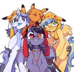 Size: 446x435 | Tagged: safe, artist:flixanoa, derpibooru import, oc, oc only, oc:fef, oc:scrimmy, bat pony, pegasus, pikachu, pony, unicorn, :3, big eyes, bipedal, blue coat, blue mane, blue mouth, blue tail, blue tongue, blush lines, blushing, collar, colored wings, cute, ear fluff, ears, eye clipping through hair, fangs, floppy ears, glasses, green eyes, hat, heterochromia, hock fluff, horn, jewelry, light blue coat, narrowed eyes, necklace, oc name needed, ocbetes, open mouth, open smile, pegasus oc, plushie, pokémon, purple coat, purple eyes, raised hooves, shoulder fluff, simple background, small horn, small wings, smiling, spread wings, tail, thin, transparent background, trio, two toned mane, two toned tail, two toned wings, unicorn oc, wavy mouth, wings, yellow coat