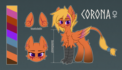 Size: 3584x2048 | Tagged: safe, artist:keupoz, derpibooru import, oc, oc only, oc:corona lionheart, hippogriff, abstract background, commission, ear markings, ear piercing, facial markings, freckles, hippogriff oc, piercing, reference sheet, solo