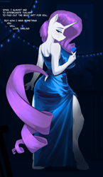 Size: 2424x4180 | Tagged: safe, artist:kirasunnight, derpibooru import, rarity, anthro, unguligrade anthro, unicorn, big breasts, blue dress, blue eyes, breasts, clothes, dress, eyeshadow, female, full body, heart, hooves, horn, huge breasts, implied shipping, implied sparity, implied spike, implied straight, makeup, purple mane, raritits, solo, tail, text