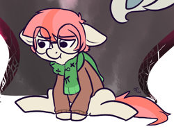 Size: 530x394 | Tagged: safe, artist:anonymous, derpibooru import, oc, oc only, oc:spritz, earth pony, pony, brown sweater, clothes, colored, colt, earth pony oc, foal, glasses, green scarf, male, nerd pony, scarf, solo, sweater, winter