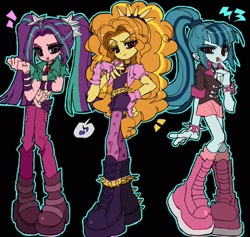 Size: 2218x2100 | Tagged: safe, artist:jwnn_, derpibooru import, adagio dazzle, aria blaze, sonata dusk, equestria girls, g4, armband, belt, big eyes, black background, blue hair, blue skin, bolero jacket, boots, choker, clothes, colored sclera, curly hair, denim, denim skirt, disguise, disguised siren, emanata, eye clipping through hair, eyebrows, eyelashes, eyeshadow, female, fingerless gloves, gloves, gold eyeshadow, gold hair, gray sclera, hair tie, hand on chest, hand on hip, hand on mouth, high heel boots, jacket, jeans, jewelry, jumpsuit, kneesocks, long arms, long hair, long legs, long socks, makeup, miniskirt, music notes, open mouth, open smile, outline, pants, pendant, pigtails, pink skin, pink skirt, pink socks, ponytail, popped collar, purple eyes, purple eyeshadow, raised arm, raised eyebrow, red eyes, shiny hair, shoes, simple background, skinny jeans, skirt, slender, smiling, socks, speech bubble, spiked belt, spiked choker, spiked headband, standing, straight hair, the dazzlings, thick eyelashes, thin, tied hair, torn clothes, trio, trio female, two toned hair, vest, wall of tags, yellow skin