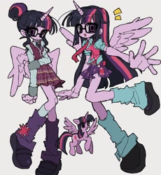 Size: 1810x1970 | Tagged: safe, artist:jwnn_, derpibooru import, sci-twi, twilight sparkle, twilight sparkle (alicorn), alicorn, pony, equestria girls, g4, bangs, belt, big eyes, clothes, colored sclera, crystal prep academy uniform, cute, cutie mark on clothes, emanata, eye clipping through hair, eyelashes, female, flying, frown, glasses, gray background, gray sclera, hair bun, holding arms, horn, kneesocks, leg warmers, lighter coat, long arms, long legs, long sleeves, long socks, mary janes, meganekko, miniskirt, necktie, open mouth, open smile, partially open wings, plaid skirt, pleated skirt, ponied up, puffy sleeves, purple eyes, purple skin, reaching towards you, school uniform, self paradox, self ponidox, shiny hair, shoes, simple background, skirt, slender, smiling, socks, spread wings, straight hair, straight mane, straight tail, thin, three toned hair, three toned mane, three toned tail, tied hair, trio, trio female, twiabetes, unicorn horn, uniform, vest, wings