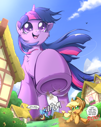 Size: 1080x1355 | Tagged: safe, artist:rai-kun, derpibooru import, applejack, rainbow dash, twilight sparkle, unicorn twilight, earth pony, pegasus, pony, unicorn, g4, chest fluff, cute, dialogue, female, giant pony, giantess, happy, imminent crushing, looming, looming over, macro, mare, ponyville, raised hoof, raised leg, running, running away, smiling, speech bubble, stomping, this will end in property damage, twiabetes, twizilla, underhoof