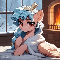 Size: 4096x4096 | Tagged: safe, ai content, derpibooru import, machine learning generated, cozy glow, pegasus, pony, g4, a better ending for cozy, bed, bow, cozybetes, cute, fire, fireplace, hair bow, long hair, looking at you, lying down, lying on bed, on bed, prompter:axeleif, snow, solo, window, winter