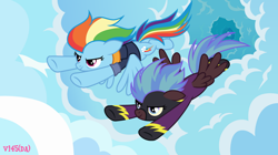 Size: 1280x717 | Tagged: safe, artist:vi45, derpibooru import, rainbow dash, oc, pegasus, pony, bomber jacket, flying, jumper, older, older rainbow dash, shadowbolts uniform