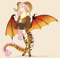 Size: 2048x1985 | Tagged: safe, artist:chub-wub, derpibooru import, part of a set, fluttershy, draconequus, g4, arm fluff, brown hooves, chest fluff, claws, coat markings, colored claws, colored hooves, colored horns, colored legs, colored paw pads, colored pinnae, colored wings, draconequified, ears, facial markings, floppy ears, flutterequus, gradient horns, gray background, hooves, horns, leg stripes, legs, leonine tail, long ears, long hair, mismatched legs, multicolored fur, multicolored tail, multicolored wings, pink hair, ram horns, shadow, shiny hair, shiny tail, shoulder fluff, simple background, slender, snip (coat marking), solo, species swap, standing, striped, stripes, tail, thin, tongue, tongue out, wing claws, wings